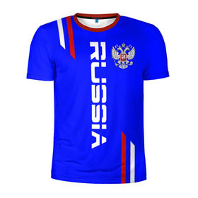 Мужская футболка 3D спортивная с принтом Russia надпись и герб в Белгороде, 100% полиэстер с улучшенными характеристиками | приталенный силуэт, круглая горловина, широкие плечи, сужается к линии бедра | russia | герб | россия | рф | триколор