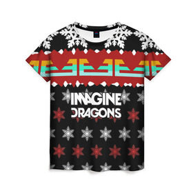 Женская футболка 3D с принтом Праздничный Imagine Dragons в Белгороде, 100% полиэфир ( синтетическое хлопкоподобное полотно) | прямой крой, круглый вырез горловины, длина до линии бедер | альтернативный | американская | группа | драгонс | имеджин | инди | индирок | новогодний | поп | рождество | рок | свитер | электроник