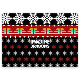 Поздравительная открытка с принтом Праздничный Imagine Dragons в Белгороде, 100% бумага | плотность бумаги 280 г/м2, матовая, на обратной стороне линовка и место для марки
 | Тематика изображения на принте: альтернативный | американская | группа | драгонс | имеджин | инди | индирок | новогодний | поп | рождество | рок | свитер | электроник