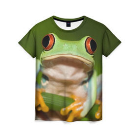 Женская футболка 3D с принтом Лягушка в Белгороде, 100% полиэфир ( синтетическое хлопкоподобное полотно) | прямой крой, круглый вырез горловины, длина до линии бедер | frog | жаба | животные | зеленый | ква | лягуха | лягушка | лягушонок