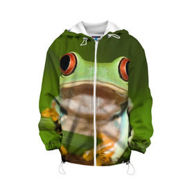 Детская куртка 3D с принтом Лягушка в Белгороде, 100% полиэстер | застежка — молния, подол и капюшон оформлены резинкой с фиксаторами, по бокам — два кармана без застежек, один потайной карман на груди, плотность верхнего слоя — 90 г/м2; плотность флисового подклада — 260 г/м2 | Тематика изображения на принте: frog | жаба | животные | зеленый | ква | лягуха | лягушка | лягушонок