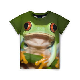 Детская футболка 3D с принтом Лягушка в Белгороде, 100% гипоаллергенный полиэфир | прямой крой, круглый вырез горловины, длина до линии бедер, чуть спущенное плечо, ткань немного тянется | Тематика изображения на принте: frog | жаба | животные | зеленый | ква | лягуха | лягушка | лягушонок