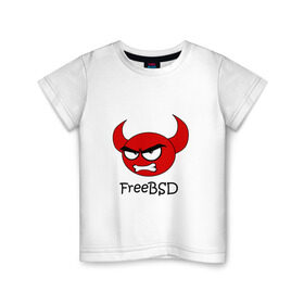 Детская футболка хлопок с принтом FreeBSD демон в Белгороде, 100% хлопок | круглый вырез горловины, полуприлегающий силуэт, длина до линии бедер | Тематика изображения на принте: bsd | demon | freebsd | os | unix | демон | злой | ос | чёртик