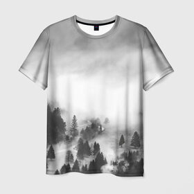Мужская футболка 3D с принтом Туманный лес в Белгороде, 100% полиэфир | прямой крой, круглый вырез горловины, длина до линии бедер | бор | деревья | дым | елки | лес | природа | туман | чб | черно белое