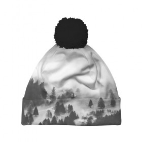 Шапка 3D c помпоном с принтом Туманный лес в Белгороде, 100% полиэстер | универсальный размер, печать по всей поверхности изделия | бор | деревья | дым | елки | лес | природа | туман | чб | черно белое