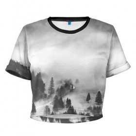 Женская футболка 3D укороченная с принтом Туманный лес в Белгороде, 100% полиэстер | круглая горловина, длина футболки до линии талии, рукава с отворотами | бор | деревья | дым | елки | лес | природа | туман | чб | черно белое