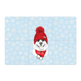 Магнитный плакат 3Х2 с принтом Собачка в шапочке в Белгороде, Полимерный материал с магнитным слоем | 6 деталей размером 9*9 см | Тематика изображения на принте: зима | новый год | подарок | рождество | собака
