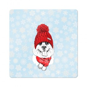 Магнит виниловый Квадрат с принтом Собачка в шапочке в Белгороде, полимерный материал с магнитным слоем | размер 9*9 см, закругленные углы | Тематика изображения на принте: зима | новый год | подарок | рождество | собака