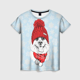 Женская футболка 3D с принтом Собачка в шапочке в Белгороде, 100% полиэфир ( синтетическое хлопкоподобное полотно) | прямой крой, круглый вырез горловины, длина до линии бедер | зима | новый год | подарок | рождество | собака