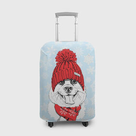 Чехол для чемодана 3D с принтом Собачка в шапочке в Белгороде, 86% полиэфир, 14% спандекс | двустороннее нанесение принта, прорези для ручек и колес | зима | новый год | подарок | рождество | собака