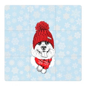 Магнитный плакат 3Х3 с принтом Собачка в шапочке в Белгороде, Полимерный материал с магнитным слоем | 9 деталей размером 9*9 см | зима | новый год | подарок | рождество | собака
