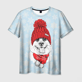 Мужская футболка 3D с принтом Собачка в шапочке в Белгороде, 100% полиэфир | прямой крой, круглый вырез горловины, длина до линии бедер | зима | новый год | подарок | рождество | собака