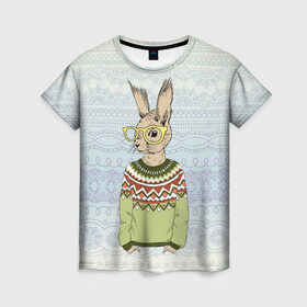 Женская футболка 3D с принтом Кролик хипстер в Белгороде, 100% полиэфир ( синтетическое хлопкоподобное полотно) | прямой крой, круглый вырез горловины, длина до линии бедер | Тематика изображения на принте: зима | кролик | новый год | подарок | рождество