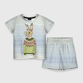 Детский костюм с шортами 3D с принтом Кролик хипстер в Белгороде,  |  | Тематика изображения на принте: зима | кролик | новый год | подарок | рождество