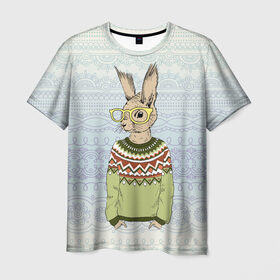 Мужская футболка 3D с принтом Кролик хипстер в Белгороде, 100% полиэфир | прямой крой, круглый вырез горловины, длина до линии бедер | зима | кролик | новый год | подарок | рождество