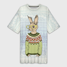 Платье-футболка 3D с принтом Кролик хипстер в Белгороде,  |  | зима | кролик | новый год | подарок | рождество