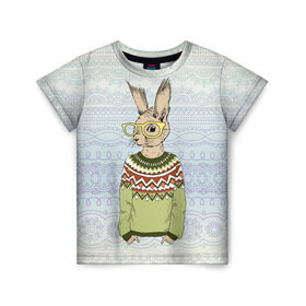 Детская футболка 3D с принтом Кролик хипстер в Белгороде, 100% гипоаллергенный полиэфир | прямой крой, круглый вырез горловины, длина до линии бедер, чуть спущенное плечо, ткань немного тянется | зима | кролик | новый год | подарок | рождество