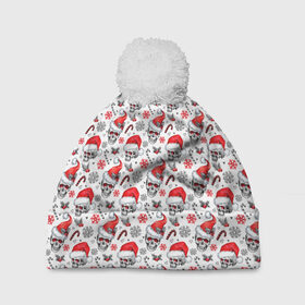 Шапка 3D c помпоном с принтом Skulls in Santa hat в Белгороде, 100% полиэстер | универсальный размер, печать по всей поверхности изделия | зима | новый год | подарок | рождество