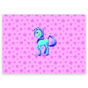 Поздравительная открытка с принтом Единорог в Белгороде, 100% бумага | плотность бумаги 280 г/м2, матовая, на обратной стороне линовка и место для марки
 | dream | pink | poni | pony | unicorn | единорог | звездочки | звезды | пони | розовый