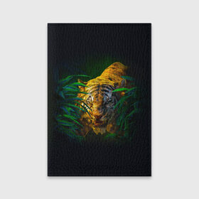 Обложка для паспорта матовая кожа с принтом Тигр в джунглях в Белгороде, натуральная матовая кожа | размер 19,3 х 13,7 см; прозрачные пластиковые крепления | 