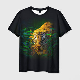 Мужская футболка 3D с принтом Тигр в джунглях в Белгороде, 100% полиэфир | прямой крой, круглый вырез горловины, длина до линии бедер | 