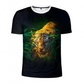 Мужская футболка 3D спортивная с принтом Тигр в джунглях в Белгороде, 100% полиэстер с улучшенными характеристиками | приталенный силуэт, круглая горловина, широкие плечи, сужается к линии бедра | 