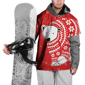 Накидка на куртку 3D с принтом Белый медведь в свитере в Белгороде, 100% полиэстер |  | Тематика изображения на принте: red | snow | snowflakes | stars | sweater | white bear | winter | белый медведь | звезды | зима | красный | снег | снежинки