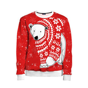 Детский свитшот 3D с принтом Белый медведь в свитере в Белгороде, 100% полиэстер | свободная посадка, прямой крой, мягкая тканевая резинка на рукавах и понизу свитшота | Тематика изображения на принте: red | snow | snowflakes | stars | sweater | white bear | winter | белый медведь | звезды | зима | красный | снег | снежинки