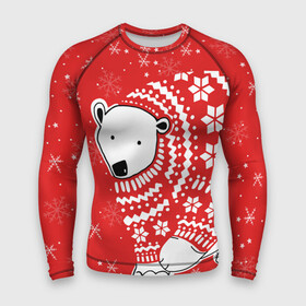 Мужской рашгард 3D с принтом Белый медведь в свитере в Белгороде,  |  | red | snow | snowflakes | stars | sweater | white bear | winter | белый медведь | звезды | зима | красный | снег | снежинки