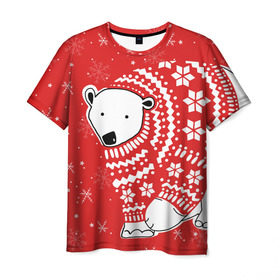 Мужская футболка 3D с принтом Белый медведь в свитере в Белгороде, 100% полиэфир | прямой крой, круглый вырез горловины, длина до линии бедер | red | snow | snowflakes | stars | sweater | white bear | winter | белый медведь | звезды | зима | красный | снег | снежинки