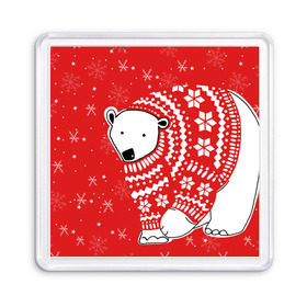 Магнит 55*55 с принтом Белый медведь в свитере в Белгороде, Пластик | Размер: 65*65 мм; Размер печати: 55*55 мм | Тематика изображения на принте: red | snow | snowflakes | stars | sweater | white bear | winter | белый медведь | звезды | зима | красный | снег | снежинки