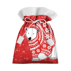 Подарочный 3D мешок с принтом Белый медведь в свитере в Белгороде, 100% полиэстер | Размер: 29*39 см | Тематика изображения на принте: red | snow | snowflakes | stars | sweater | white bear | winter | белый медведь | звезды | зима | красный | снег | снежинки