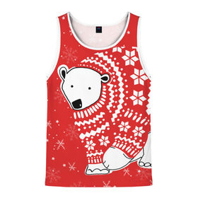 Мужская майка 3D с принтом Белый медведь в свитере в Белгороде, 100% полиэстер | круглая горловина, приталенный силуэт, длина до линии бедра. Пройма и горловина окантованы тонкой бейкой | red | snow | snowflakes | stars | sweater | white bear | winter | белый медведь | звезды | зима | красный | снег | снежинки