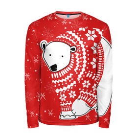 Мужской лонгслив 3D с принтом Белый медведь в свитере в Белгороде, 100% полиэстер | длинные рукава, круглый вырез горловины, полуприлегающий силуэт | red | snow | snowflakes | stars | sweater | white bear | winter | белый медведь | звезды | зима | красный | снег | снежинки