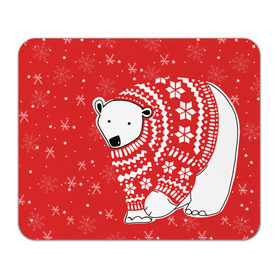 Коврик прямоугольный с принтом Белый медведь в свитере в Белгороде, натуральный каучук | размер 230 х 185 мм; запечатка лицевой стороны | red | snow | snowflakes | stars | sweater | white bear | winter | белый медведь | звезды | зима | красный | снег | снежинки