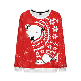 Мужской свитшот 3D с принтом Белый медведь в свитере в Белгороде, 100% полиэстер с мягким внутренним слоем | круглый вырез горловины, мягкая резинка на манжетах и поясе, свободная посадка по фигуре | red | snow | snowflakes | stars | sweater | white bear | winter | белый медведь | звезды | зима | красный | снег | снежинки