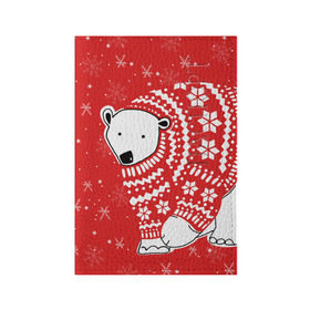 Обложка для паспорта матовая кожа с принтом Белый медведь в свитере в Белгороде, натуральная матовая кожа | размер 19,3 х 13,7 см; прозрачные пластиковые крепления | Тематика изображения на принте: red | snow | snowflakes | stars | sweater | white bear | winter | белый медведь | звезды | зима | красный | снег | снежинки