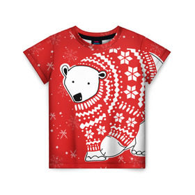 Детская футболка 3D с принтом Белый медведь в свитере в Белгороде, 100% гипоаллергенный полиэфир | прямой крой, круглый вырез горловины, длина до линии бедер, чуть спущенное плечо, ткань немного тянется | red | snow | snowflakes | stars | sweater | white bear | winter | белый медведь | звезды | зима | красный | снег | снежинки