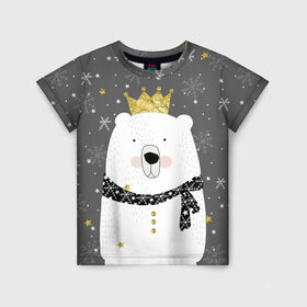 Детская футболка 3D с принтом Белый медведь в короне в Белгороде, 100% гипоаллергенный полиэфир | прямой крой, круглый вырез горловины, длина до линии бедер, чуть спущенное плечо, ткань немного тянется | animal | bear | crown | gold | mountains | scarf | snow | snowflakes | stars | white | winter | белый | горы | животные | звезды | зима | золотая | корона | медведь | снег | снежинки | шарф