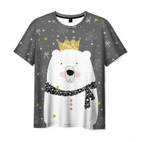 Мужская футболка 3D с принтом Белый медведь в короне в Белгороде, 100% полиэфир | прямой крой, круглый вырез горловины, длина до линии бедер | animal | bear | crown | gold | mountains | scarf | snow | snowflakes | stars | white | winter | белый | горы | животные | звезды | зима | золотая | корона | медведь | снег | снежинки | шарф