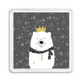 Магнит 55*55 с принтом Белый медведь в короне в Белгороде, Пластик | Размер: 65*65 мм; Размер печати: 55*55 мм | animal | bear | crown | gold | mountains | scarf | snow | snowflakes | stars | white | winter | белый | горы | животные | звезды | зима | золотая | корона | медведь | снег | снежинки | шарф