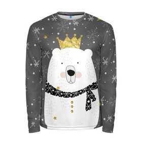 Мужской лонгслив 3D с принтом Белый медведь в короне в Белгороде, 100% полиэстер | длинные рукава, круглый вырез горловины, полуприлегающий силуэт | animal | bear | crown | gold | mountains | scarf | snow | snowflakes | stars | white | winter | белый | горы | животные | звезды | зима | золотая | корона | медведь | снег | снежинки | шарф