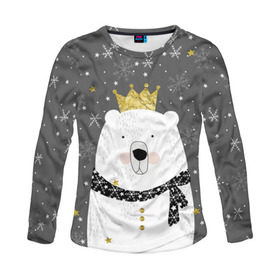 Женский лонгслив 3D с принтом Белый медведь в короне в Белгороде, 100% полиэстер | длинные рукава, круглый вырез горловины, полуприлегающий силуэт | animal | bear | crown | gold | mountains | scarf | snow | snowflakes | stars | white | winter | белый | горы | животные | звезды | зима | золотая | корона | медведь | снег | снежинки | шарф