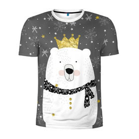 Мужская футболка 3D спортивная с принтом Белый медведь в короне в Белгороде, 100% полиэстер с улучшенными характеристиками | приталенный силуэт, круглая горловина, широкие плечи, сужается к линии бедра | Тематика изображения на принте: animal | bear | crown | gold | mountains | scarf | snow | snowflakes | stars | white | winter | белый | горы | животные | звезды | зима | золотая | корона | медведь | снег | снежинки | шарф