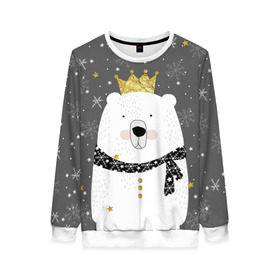 Женский свитшот 3D с принтом Белый медведь в короне в Белгороде, 100% полиэстер с мягким внутренним слоем | круглый вырез горловины, мягкая резинка на манжетах и поясе, свободная посадка по фигуре | animal | bear | crown | gold | mountains | scarf | snow | snowflakes | stars | white | winter | белый | горы | животные | звезды | зима | золотая | корона | медведь | снег | снежинки | шарф