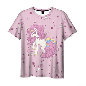 Мужская футболка 3D с принтом Единорог, в Белгороде, 100% полиэфир | прямой крой, круглый вырез горловины, длина до линии бедер | anime | bow | hair | horn | horse | pink | pony | star | unicorn | анимэ | бант | единорог | звезды | конь | кудри | лошадка | пони | рог | розовые