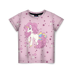 Детская футболка 3D с принтом Единорог, в Белгороде, 100% гипоаллергенный полиэфир | прямой крой, круглый вырез горловины, длина до линии бедер, чуть спущенное плечо, ткань немного тянется | Тематика изображения на принте: anime | bow | hair | horn | horse | pink | pony | star | unicorn | анимэ | бант | единорог | звезды | конь | кудри | лошадка | пони | рог | розовые