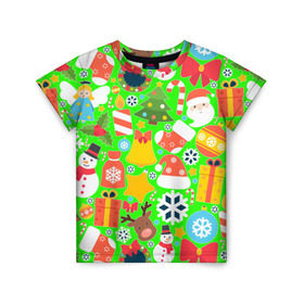 Детская футболка 3D с принтом Новогодняя текстура в Белгороде, 100% гипоаллергенный полиэфир | прямой крой, круглый вырез горловины, длина до линии бедер, чуть спущенное плечо, ткань немного тянется | елка | елочные игрушки | зима | подарки | снеговик