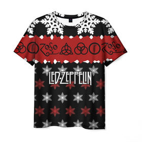 Мужская футболка 3D с принтом Праздничный Led Zeppelin в Белгороде, 100% полиэфир | прямой крой, круглый вырез горловины, длина до линии бедер | Тематика изображения на принте: led zeppelin | блюз | группа | джимми пейдж | джон генри бонэм | джон пол джонс | знак | красный | лед зепелен | лед зеппелин | метал | надпись | новогодний | новый год | праздник | роберт плант | рождество