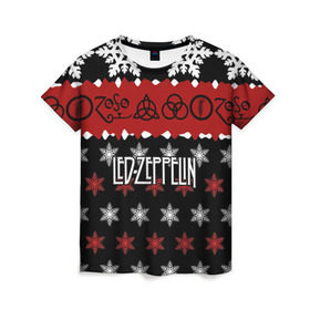 Женская футболка 3D с принтом Праздничный Led Zeppelin в Белгороде, 100% полиэфир ( синтетическое хлопкоподобное полотно) | прямой крой, круглый вырез горловины, длина до линии бедер | led zeppelin | блюз | группа | джимми пейдж | джон генри бонэм | джон пол джонс | знак | красный | лед зепелен | лед зеппелин | метал | надпись | новогодний | новый год | праздник | роберт плант | рождество